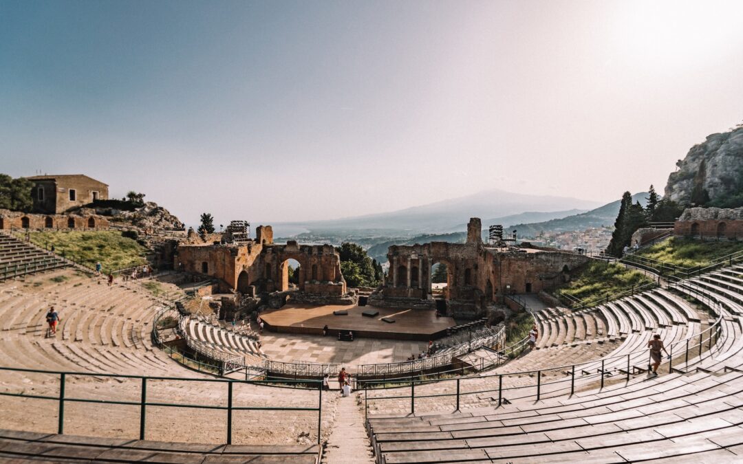The view at sunset of the greek Theater in Taormina. This is where the White Lotus season 2 in Sicily was filmed